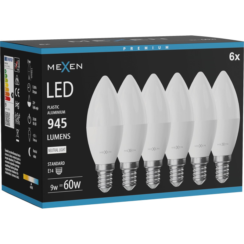Mexen Nova 6x LED-lampa E14, C37, 9W, Neutral - 4000K, 945 lm - L102-E14-0940-01x06
