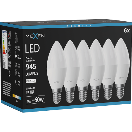 Mexen Nova 6x LED-lamp E14, C37, 9W, Neutraal - 4000K, 945 lm - L102-E14-0940-01x06