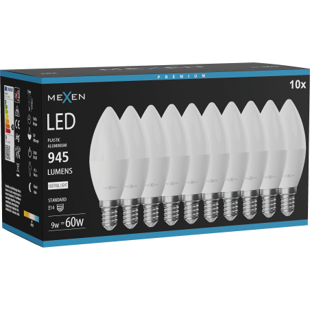 Mexen Nova 10x LED-Birne E14, C37, 9W, Neutral - 4000K, 945 lm - L102-E14-0940-01x10