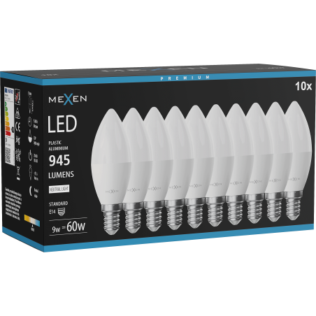 Mexen Nova 10x LED-lampa E14, C37, 9W, Neutral - 4000K, 945 lm - L102-E14-0940-01x10