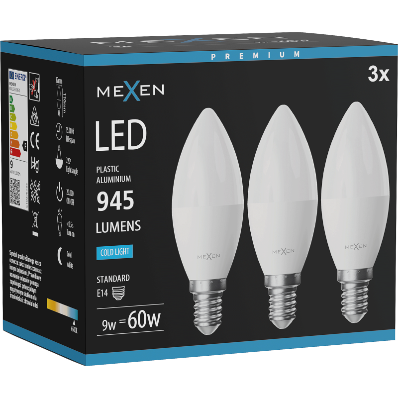 Mexen Nova 3x LED Bulb E14, C37, 9W, Cold - 6500K, 945 lm - L102-E14-0965-01x03