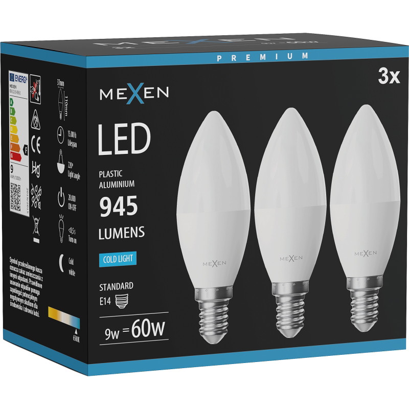Mexen Nova 3x LED-lampa E14, C37, 9W, Kall - 6500K, 945 lm - L102-E14-0965-01x03