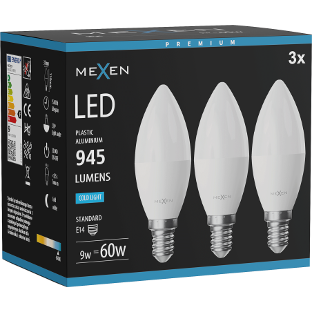Mexen Nova 3x Bombilla LED E14, C37, 9W, Fría - 6500K, 945 lm - L102-E14-0965-01x03