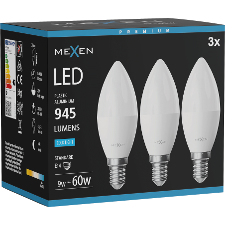 Mexen Nova 3x LED spuldze E14, C37, 9W, Aukstā - 6500K, 945 lm - L102-E14-0965-01x03
