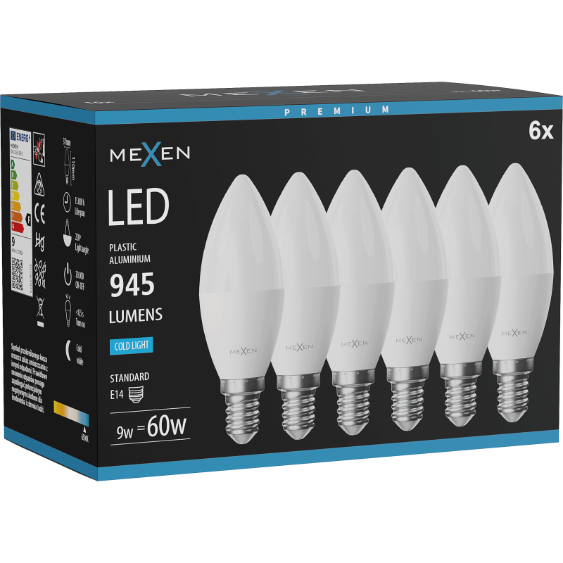 Mexen Nova 6x LED Bulb E14, C37, 9W, Cool - 6500K, 945 lm - L102-E14-0965-01x06