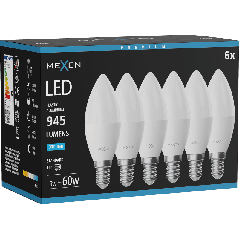 Mexen Nova 6x żarówka LED E14, C37, 9W, Zimna - 6500K, 945 lm - L102-E14-0965-01x06