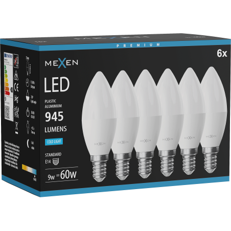 Mexen Nova 6x LED-lampa E14, C37, 9W, Kall - 6500K, 945 lm - L102-E14-0965-01x06