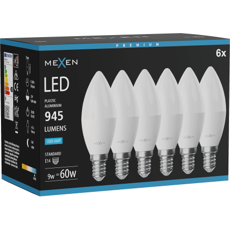 Mexen Nova 6x LED pirn E14, C37, 9W, Külm - 6500K, 945 lm - L102-E14-0965-01x06
