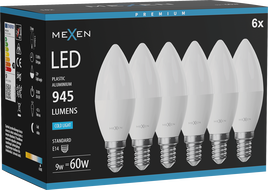 Mexen Nova 6x Lampadina LED E14, C37, 9W, Fredda - 6500K, 945 lm - L102-E14-0965-01x06