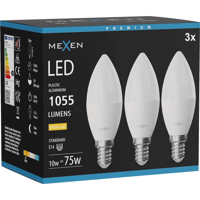 Mexen Nova 3x Bombilla LED E14, C37, 10W, Cálida - 3000K, 1055 lm - L102-E14-1030-01x03
