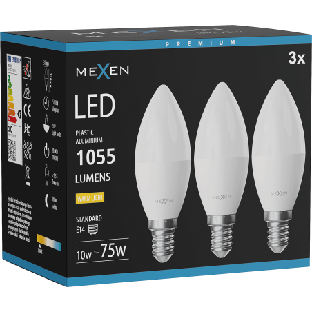 Mexen Nova 3x Bombilla LED E14, C37, 10W, Cálida - 3000K, 1055 lm - L102-E14-1030-01x03