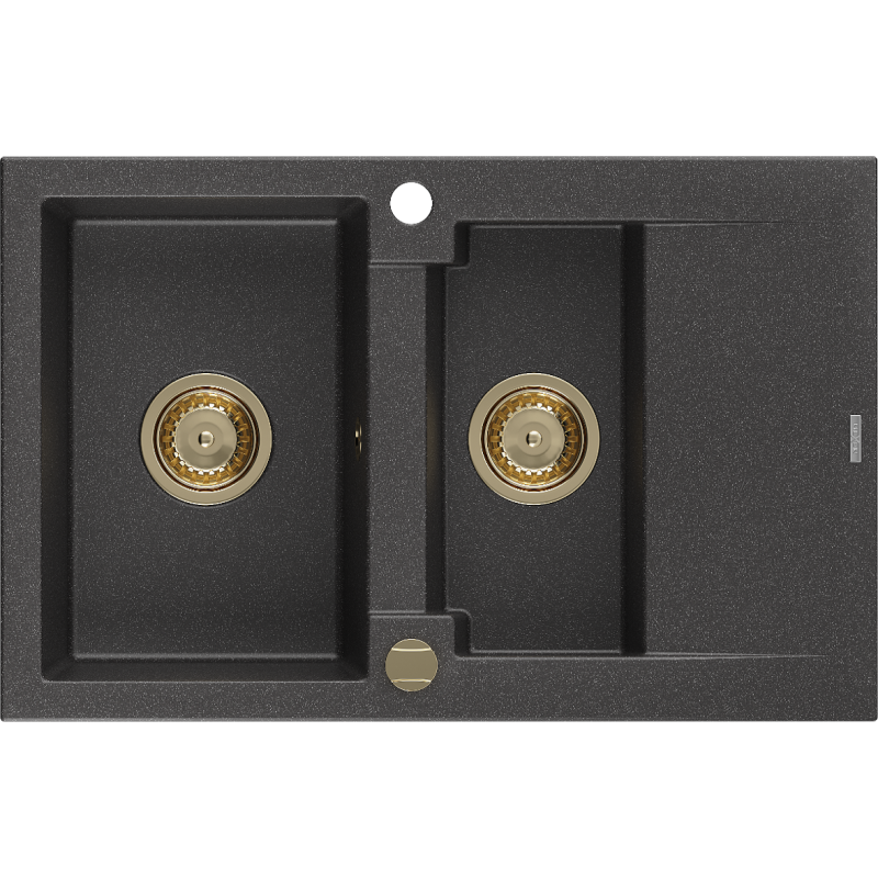 Mexen Gaspar granieten spoelbak 1,5-komorige met afdruiprek 737 x 475 mm, zwart gespikkeld, gouden sifon - 6507731505-76-G