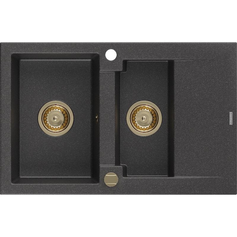 Mexen Gaspar lavello in granito a 1,5 vasche con sgocciolatoio 737 x 475 mm, nero maculato, sifone dorato - 6507731505-76-G