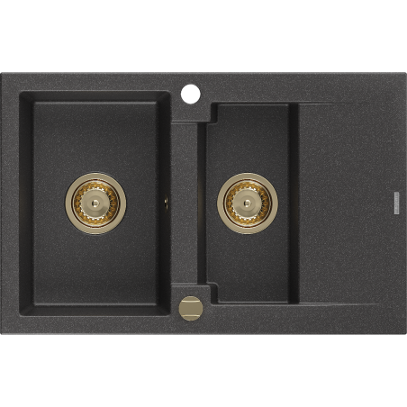 Mexen Gaspar évier granitique 1,5-bac avec égouttoir 737 x 475 mm, noir moucheté, siphon doré - 6507731505-76-G
