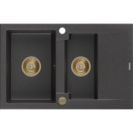 Mexen Gaspar lavello in granito 1,5 vasche con gocciolatoio 737 x 475 mm, nero spruzzato, sifone oro - 6507731505-76-G