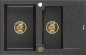 Mexen Gaspar Granitspüle 1,5-beckig mit Abtropffläche 737 x 475 mm, schwarz gesprenkelt, goldener Siphon - 6507731505-76-G