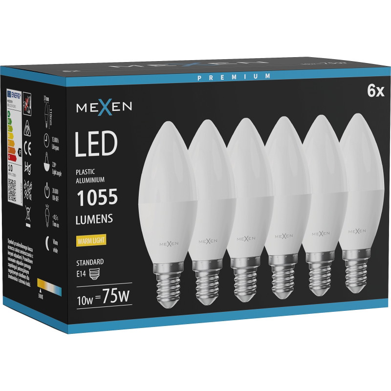 Mexen Nova 6x Bombilla LED E14, C37, 10W, Cálida - 3000K, 1055 lm - L102-E14-1030-01x06