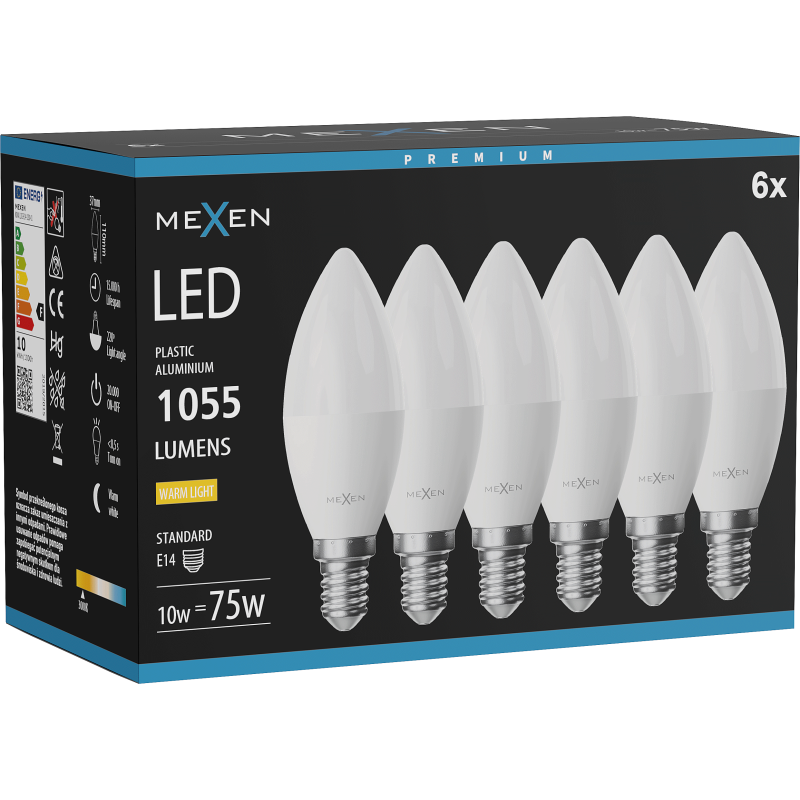 Mexen Nova 6x LED žarnica E14, C37, 10W, Topla - 3000K, 1055 lm - L102-E14-1030-01x06