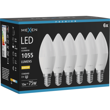 Mexen Nova 6x LED-lampa E14, C37, 10W, Varm - 3000K, 1055 lm - L102-E14-1030-01x06