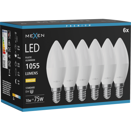 Mexen Nova 6x LED-Lampe E14, C37, 10W, Warm - 3000K, 1055 lm - L102-E14-1030-01x06