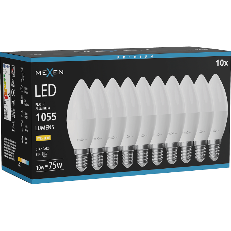 Mexen Nova 10x LED-lamp E14, C37, 10W, Warm - 3000K, 1055 lm - L102-E14-1030-01x10