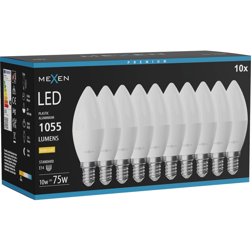 Mexen Nova 10x LED-lampa E14, C37, 10W, Varm - 3000K, 1055 lm - L102-E14-1030-01x10