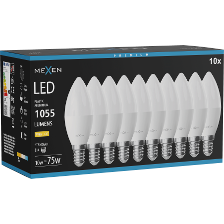 Mexen Nova 10x LED-Glühbirne E14, C37, 10W, Warm - 3000K, 1055 lm - L102-E14-1030-01x10