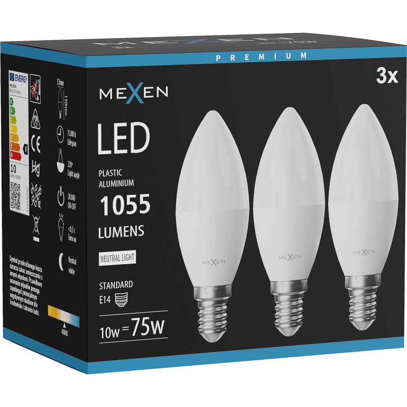 Mexen Nova 3x Ampoule LED E14, C37, 10W, Neutre - 4000K, 1055 lm - L102-E14-1040-01x03