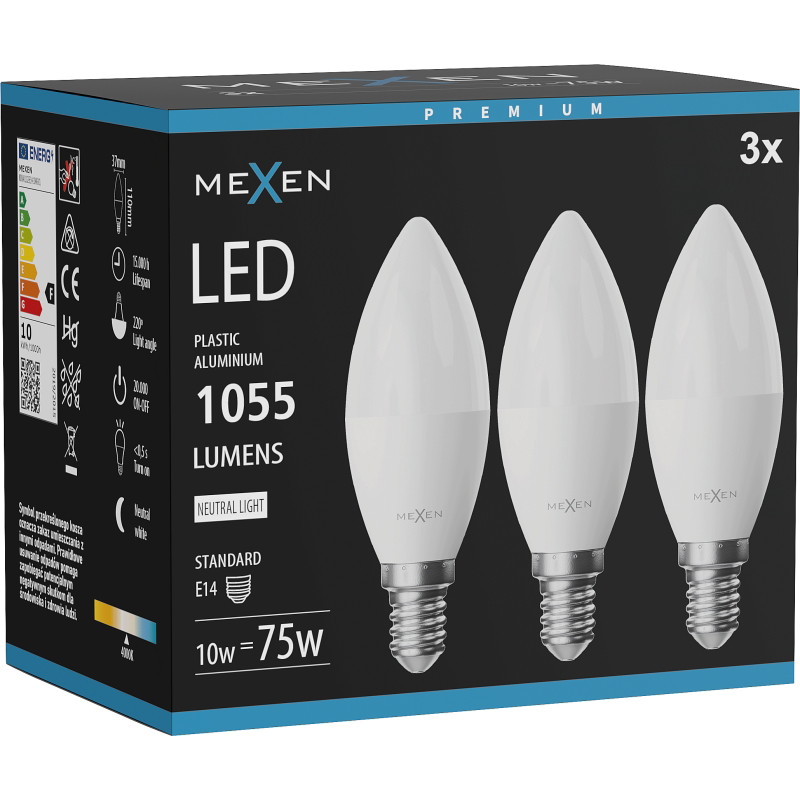 Mexen Nova 3x LED-lampa E14, C37, 10W, Neutral - 4000K, 1055 lm - L102-E14-1040-01x03