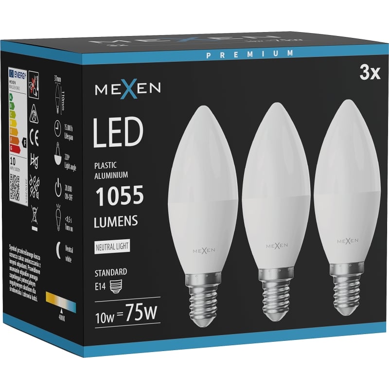 Mexen Nova 3x LED žarulja E14, C37, 10W, Neutralna - 4000K, 1055 lm - L102-E14-1040-01x03