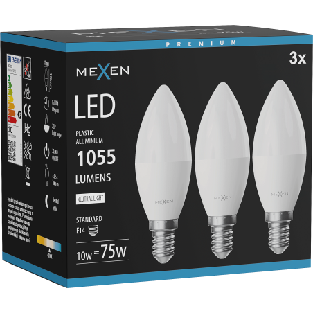 Mexen Nova 3x Lampadina LED E14, C37, 10W, Neutra - 4000K, 1055 lm - L102-E14-1040-01x03