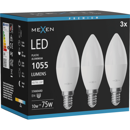 Mexen Nova 3x LED-lampa E14, C37, 10W, Neutral - 4000K, 1055 lm - L102-E14-1040-01x03