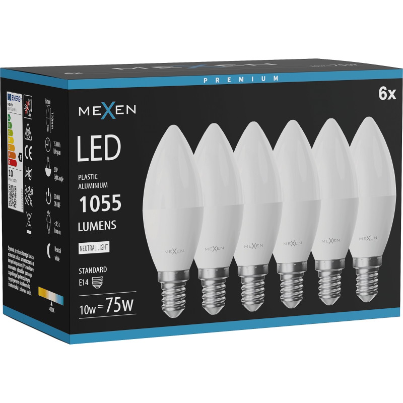 Mexen Nova 6x Bombilla LED E14, C37, 10W, Neutra - 4000K, 1055 lm - L102-E14-1040-01x06