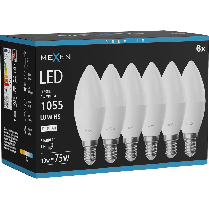 Mexen Nova 6x LED-lamp E14, C37, 10W, Neutraal - 4000K, 1055 lm - L102-E14-1040-01x06