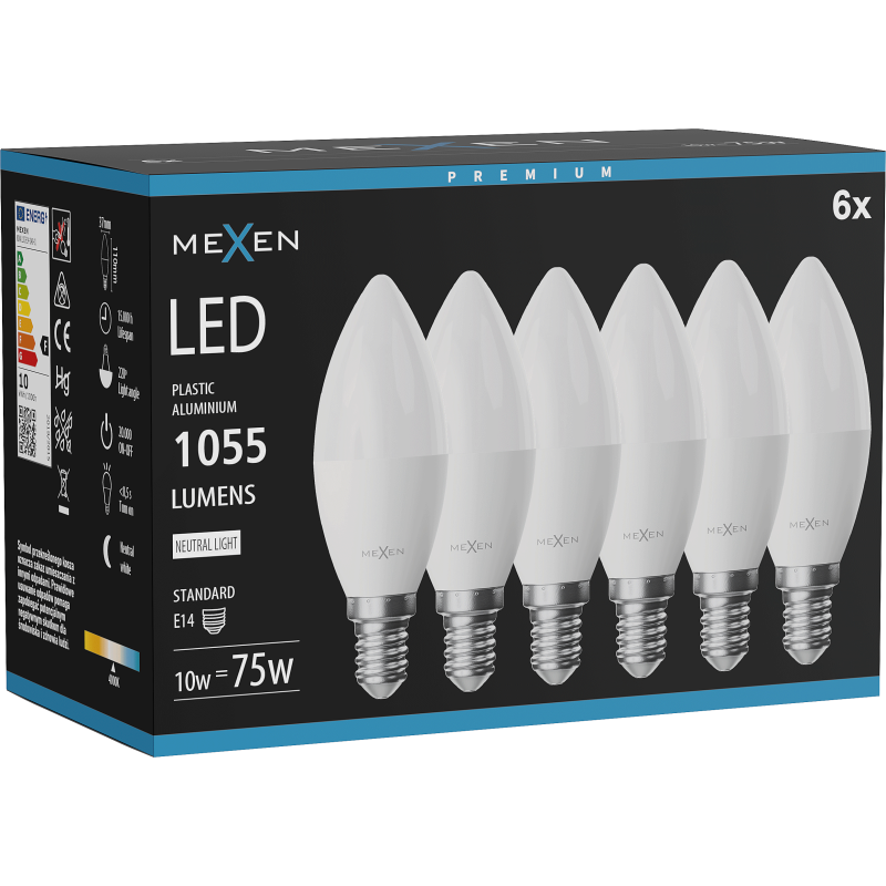 Mexen Nova 6x żarówka LED E14, C37, 10W, Neutralna - 4000K, 1055 lm - L102-E14-1040-01x06