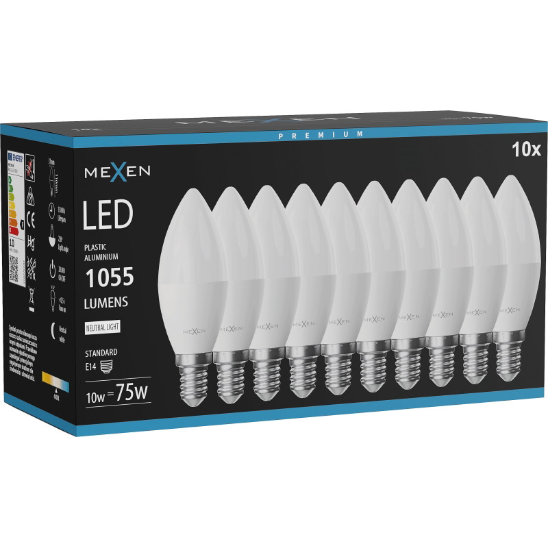 Mexen Nova 10x Bombilla LED E14, C37, 10W, Neutra - 4000K, 1055 lm - L102-E14-1040-01x10