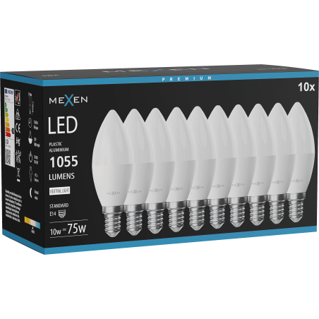 Mexen Nova 10x LED-Lampe E14, C37, 10W, Neutral - 4000K, 1055 lm - L102-E14-1040-01x10
