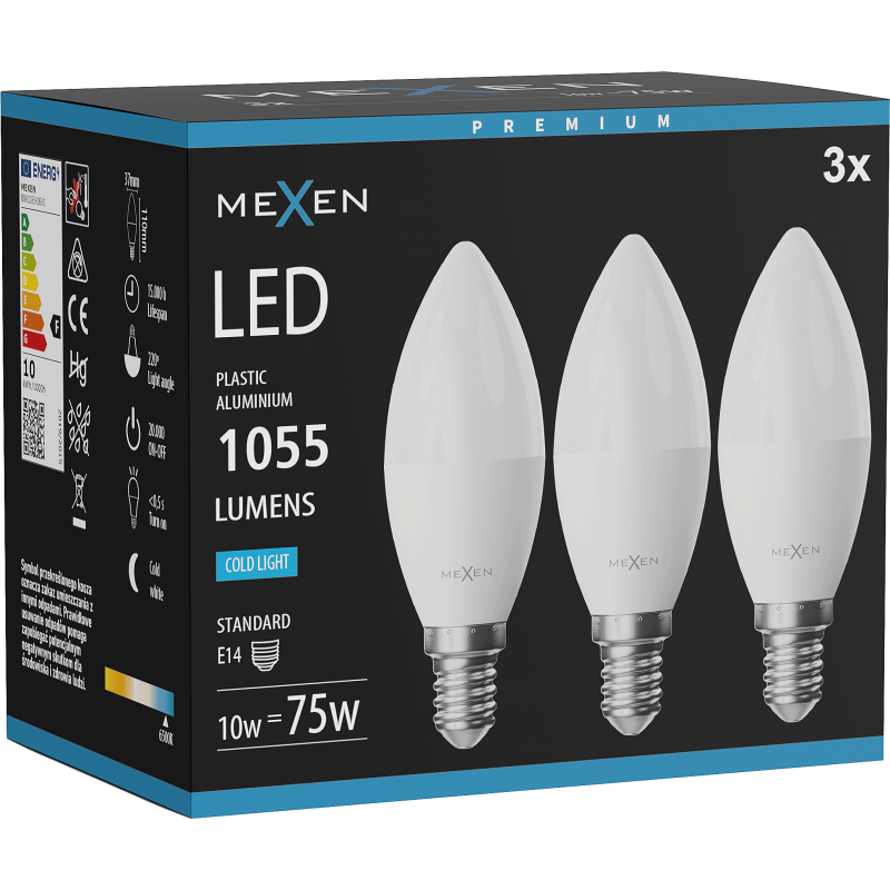 Mexen Nova 3x Λάμπα LED E14, C37, 10W, Ψυχρό - 6500K, 1055 lm - L102-E14-1065-01x03