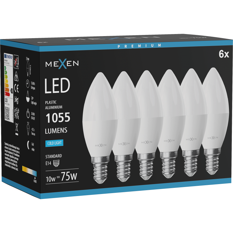 Mexen Nova 6x żarówka LED E14, C37, 10W, Zimna - 6500K, 1055 lm - L102-E14-1065-01x06