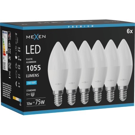 Mexen Nova 6x Bombilla LED E14, C37, 10W, Fría - 6500K, 1055 lm - L102-E14-1065-01x06