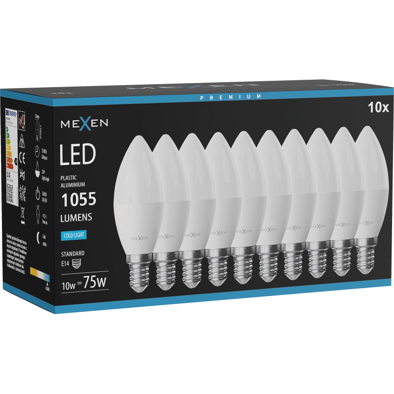 Mexen Nova 10x LED-lampa E14, C37, 10W, Kall - 6500K, 1055 lm - L102-E14-1065-01x10