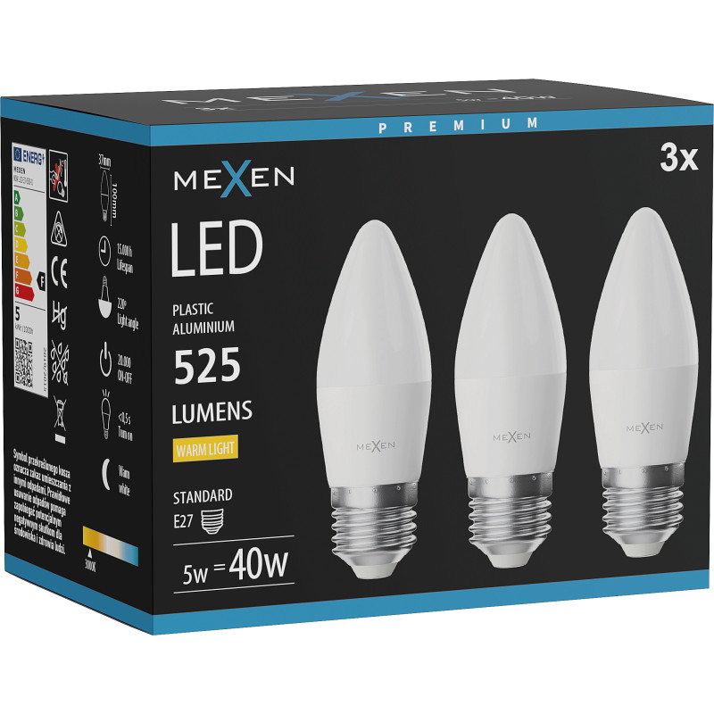 Mexen Nova 3x Bombilla LED E27, C37, 5W, Cálida - 3000K, 525 lm - L102-E27-0530-01x03