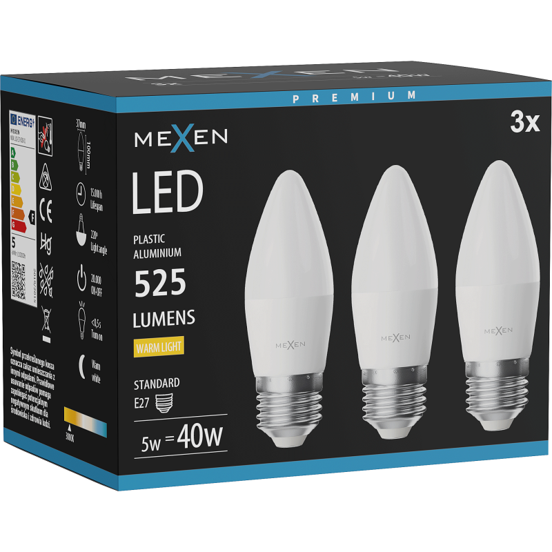 Mexen Nova 3x LED Bulb E27, C37, 5W, Warm - 3000K, 525 lm - L102-E27-0530-01x03