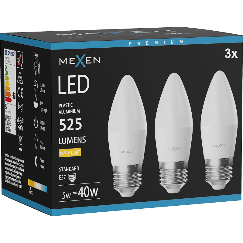 Mexen Nova 3x LED spuldze E27, C37, 5W, Silts - 3000K, 525 lm - L102-E27-0530-01x03