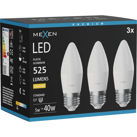 Mexen Nova 3x Ampoule LED E27, C37, 5W, Chaude - 3000K, 525 lm - L102-E27-0530-01x03