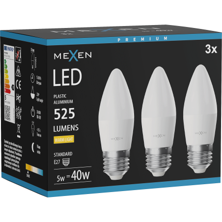 Mexen Nova 3x Bombilla LED E27, C37, 5W, Cálida - 3000K, 525 lm - L102-E27-0530-01x03