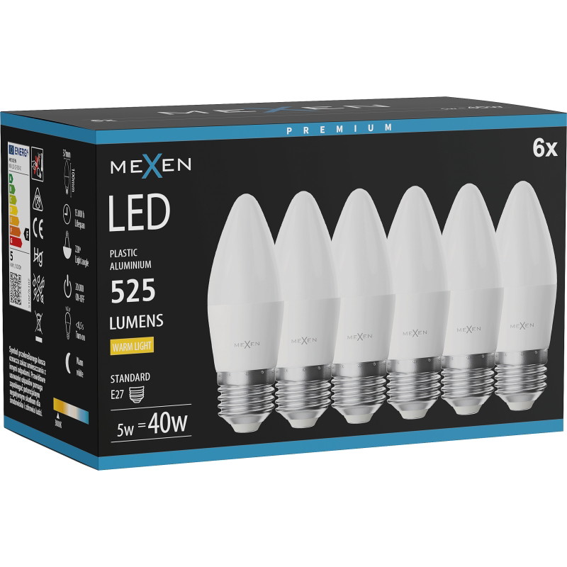 Mexen Nova 6x Bombilla LED E27, C37, 5W, Cálida - 3000K, 525 lm - L102-E27-0530-01x06