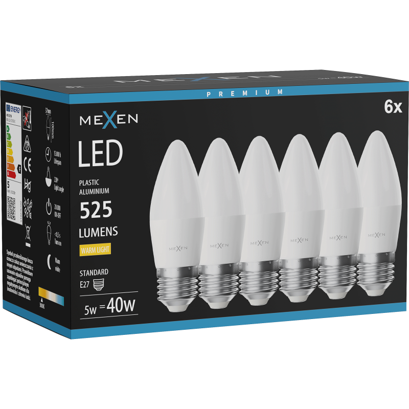 Mexen Nova 6x Λάμπα LED E27, C37, 5W, Θερμό - 3000K, 525 lm - L102-E27-0530-01x06