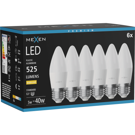 Mexen Nova 6x Bombilla LED E27, C37, 5W, Cálida - 3000K, 525 lm - L102-E27-0530-01x06