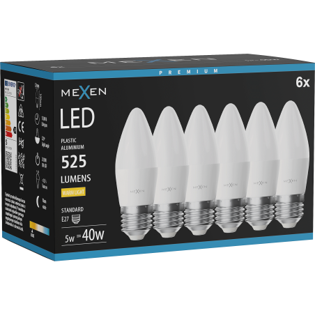 Mexen Nova 6x Lampadina LED E27, C37, 5W, Calda - 3000K, 525 lm - L102-E27-0530-01x06
